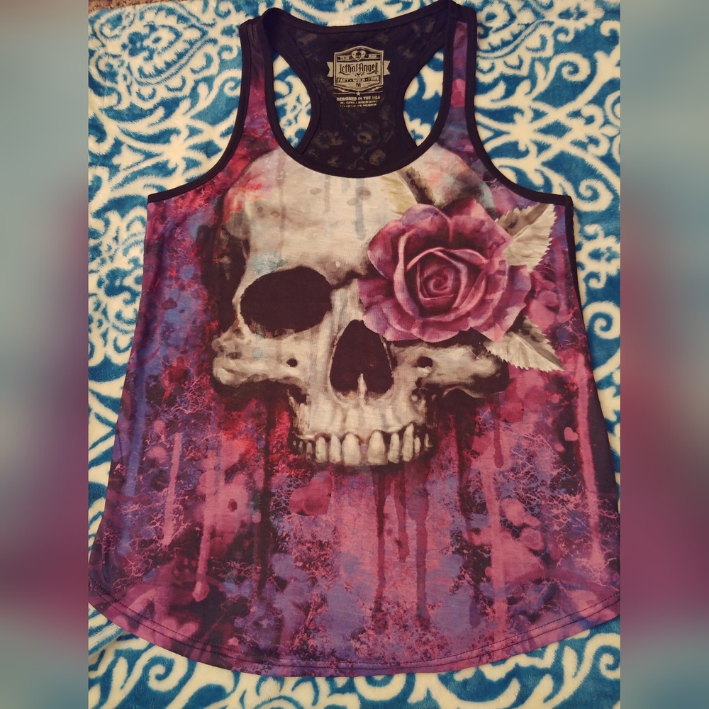 Lethal Angel skull Tank Top. Size Med. Black and Purple.